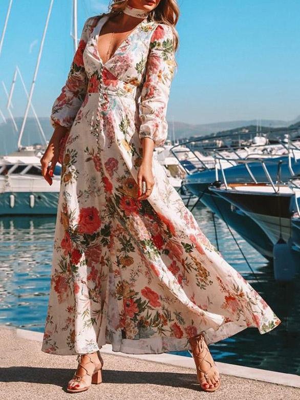 INS Women's Deep V Long Sleeve Floral Print Dress - Maxi Dresses - INS | Online Fashion Free Shipping Clothing, Dresses, Tops, Shoes - 04/08/2021 - 40-50 - Category_Maxi Dresses