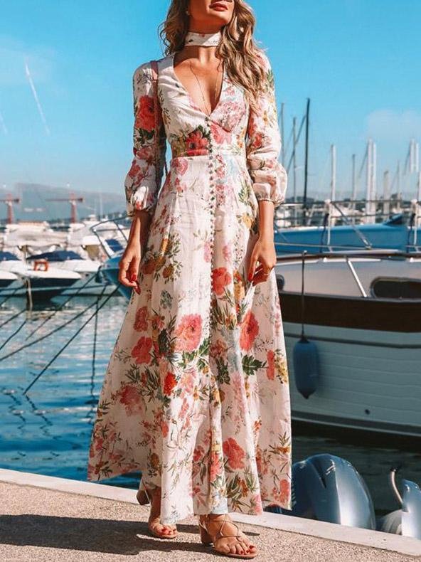 INS Women's Deep V Long Sleeve Floral Print Dress - Maxi Dresses - INS | Online Fashion Free Shipping Clothing, Dresses, Tops, Shoes - 04/08/2021 - 40-50 - Category_Maxi Dresses