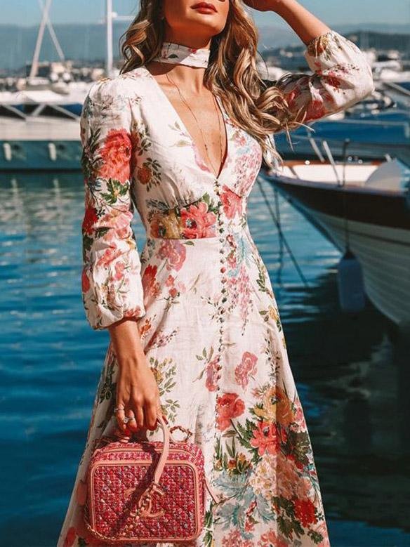 INS Women's Deep V Long Sleeve Floral Print Dress - Maxi Dresses - INS | Online Fashion Free Shipping Clothing, Dresses, Tops, Shoes - 04/08/2021 - 40-50 - Category_Maxi Dresses