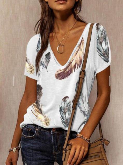 Loose V-Neck Feather Print Short Sleeve T-Shirt - T-Shirts - INS | Online Fashion Free Shipping Clothing, Dresses, Tops, Shoes - 05/07/2021 - 10-20 - Category_T-Shirts