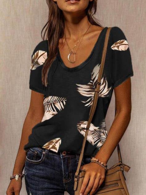 Loose V-Neck Feather Print Short Sleeve T-Shirt - T-Shirts - INS | Online Fashion Free Shipping Clothing, Dresses, Tops, Shoes - 05/07/2021 - 10-20 - Category_T-Shirts