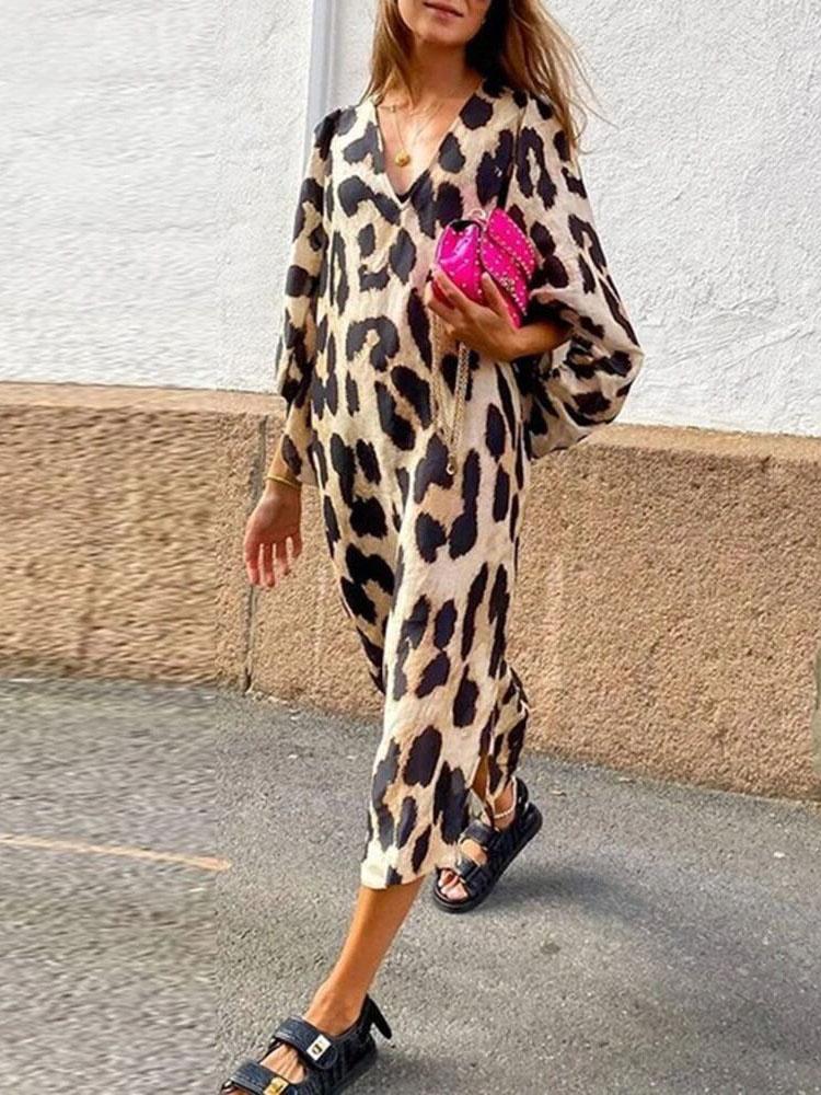 Loose V-Neck Lantern Sleeve Leopard Print Dress - Maxi Dresses - INS | Online Fashion Free Shipping Clothing, Dresses, Tops, Shoes - 14/07/2021 - 20-30 - Category_Maxi Dresses