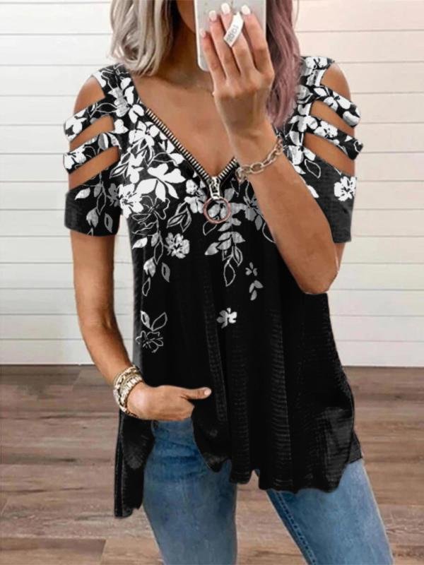 Loose V-neck Print Short-sleeved T-shirt - T-shirts - INS | Online Fashion Free Shipping Clothing, Dresses, Tops, Shoes - 01/06/2021 - Color_Black - Color_Blue