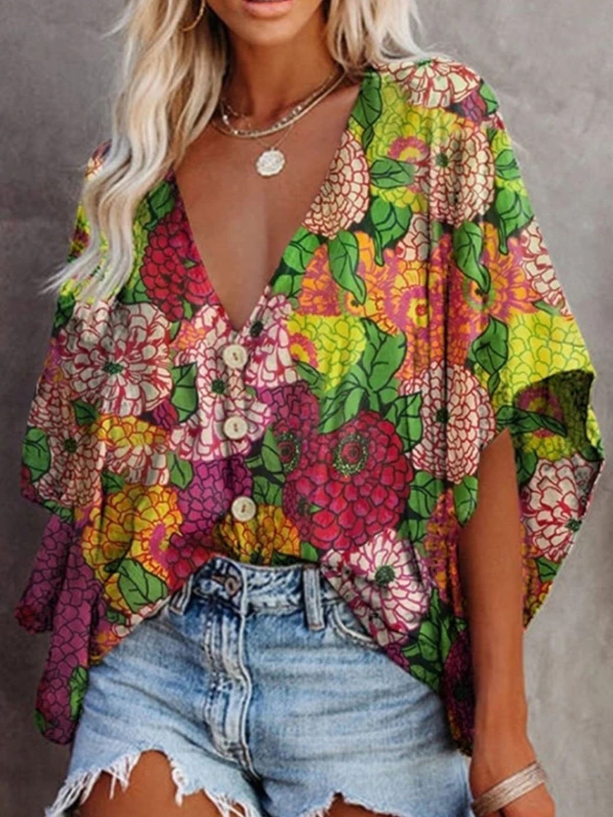 Loose V-neck Printed Mid-sleeve Blouse - Blouses - INS | Online Fashion Free Shipping Clothing, Dresses, Tops, Shoes - 08/06/2021 - BLO2106080049 - Blouses