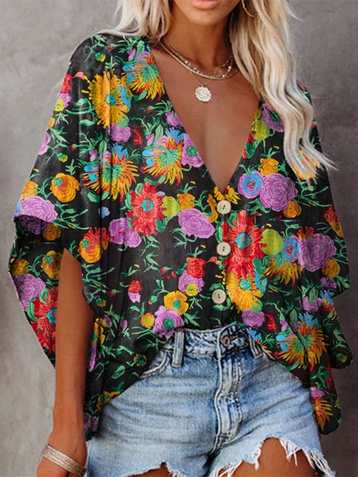 Loose V-neck Printed Mid-sleeve Blouse - Blouses - INS | Online Fashion Free Shipping Clothing, Dresses, Tops, Shoes - 08/06/2021 - BLO2106080049 - Blouses