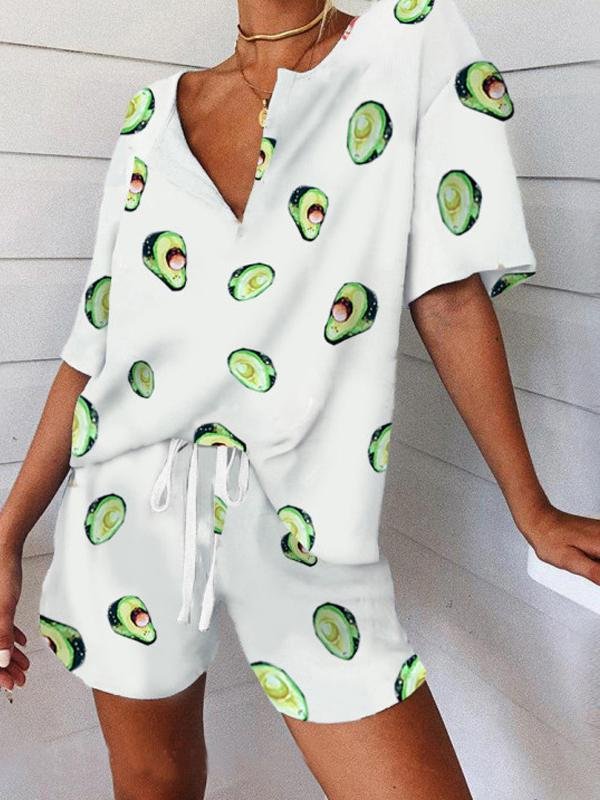 Loose V-Neck Printed Short Sleeve Two-Piece Set - Sets - INS | Online Fashion Free Shipping Clothing, Dresses, Tops, Shoes - 17/06/2021 - 20-30 - Bottom