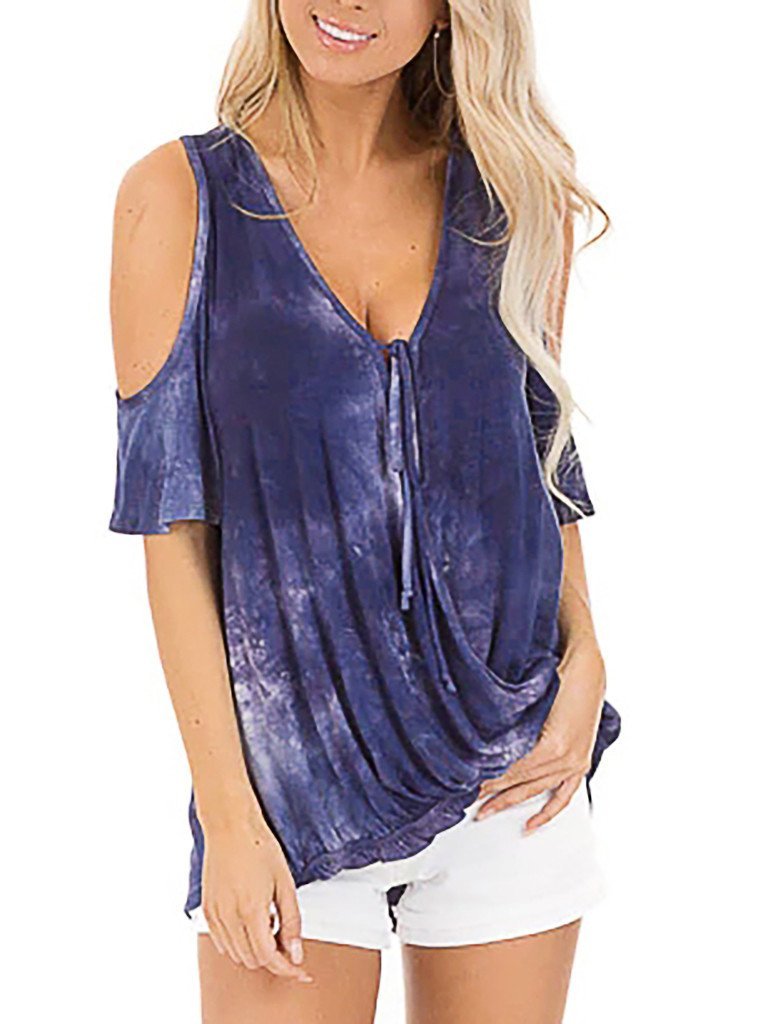 Loose V-neck Short-sleeved Tie-dye T-shirt - T-shirts - INS | Online Fashion Free Shipping Clothing, Dresses, Tops, Shoes - 02/06/2021 - Color_Blue - Color_Gray