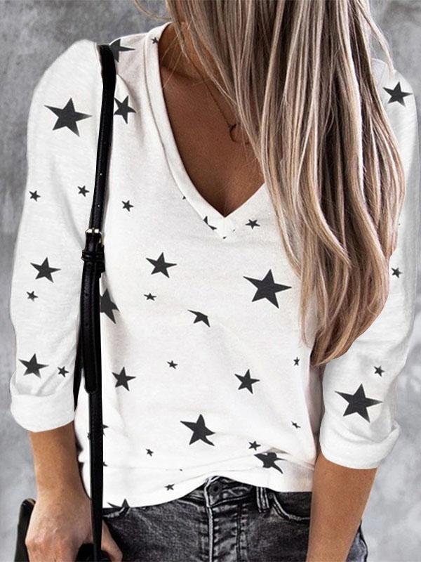 Loose V-Neck Star Print Long Sleeve T-Shirt - T-Shirts - INS | Online Fashion Free Shipping Clothing, Dresses, Tops, Shoes - 10-20 - 12/07/2021 - Category_T-Shirts