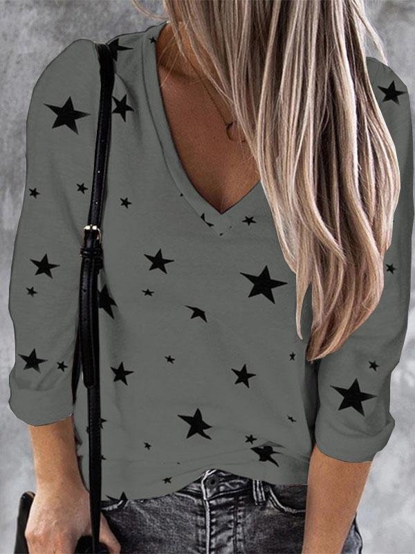 Loose V-Neck Star Print Long Sleeve T-Shirt - T-Shirts - INS | Online Fashion Free Shipping Clothing, Dresses, Tops, Shoes - 10-20 - 12/07/2021 - Category_T-Shirts