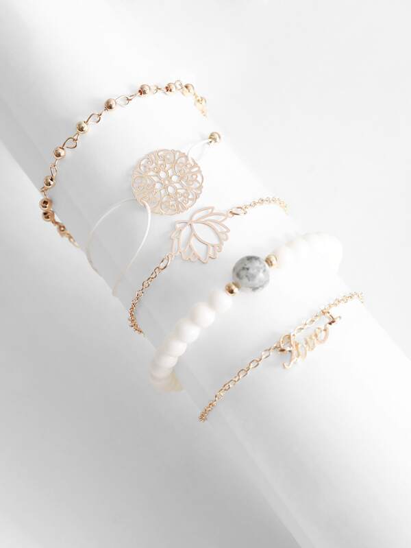Lotus & Letter Detail Chain Bracelet 5pcs - INS | Online Fashion Free Shipping Clothing, Dresses, Tops, Shoes