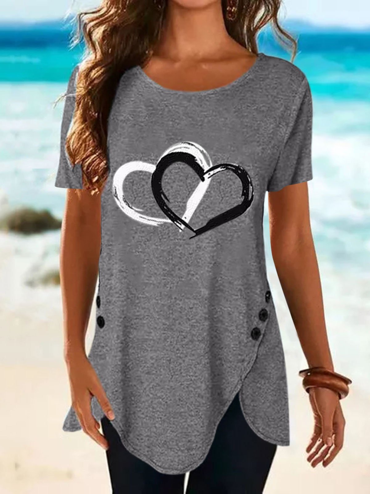 Love Print Button Short Sleeve T-shirt - T-shirts - INS | Online Fashion Free Shipping Clothing, Dresses, Tops, Shoes - 10-20 - 14/07/2021 - color-black