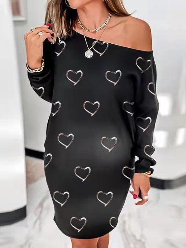 Love Print Round Neck Long Sleeve Loose Dress - Mini Dresses - INS | Online Fashion Free Shipping Clothing, Dresses, Tops, Shoes - 09/07/2021 - 20-30 - color-black
