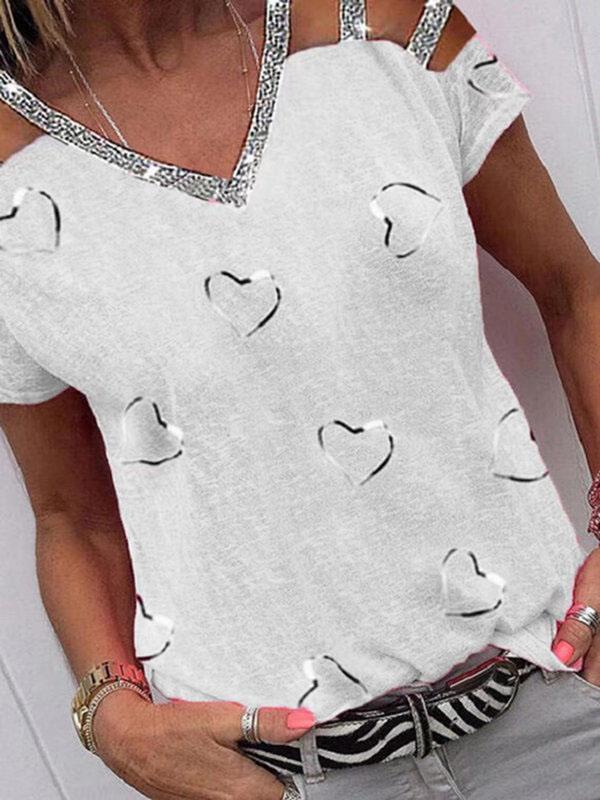 Love Print V-neck Off The Shoulder T-shirt - T-Shirts - INS | Online Fashion Free Shipping Clothing, Dresses, Tops, Shoes - 04/06/2021 - Category_T-Shirts - Color_Blue
