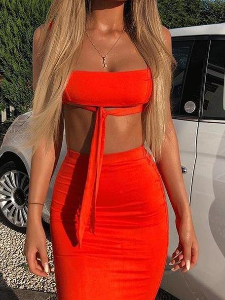 Macthing Front Tie Crop Top Skirt Two Pieces Set - Two-piece Outfits - INS | Online Fashion Free Shipping Clothing, Dresses, Tops, Shoes - 24/04/2021 - Color_Orange - Color_White
