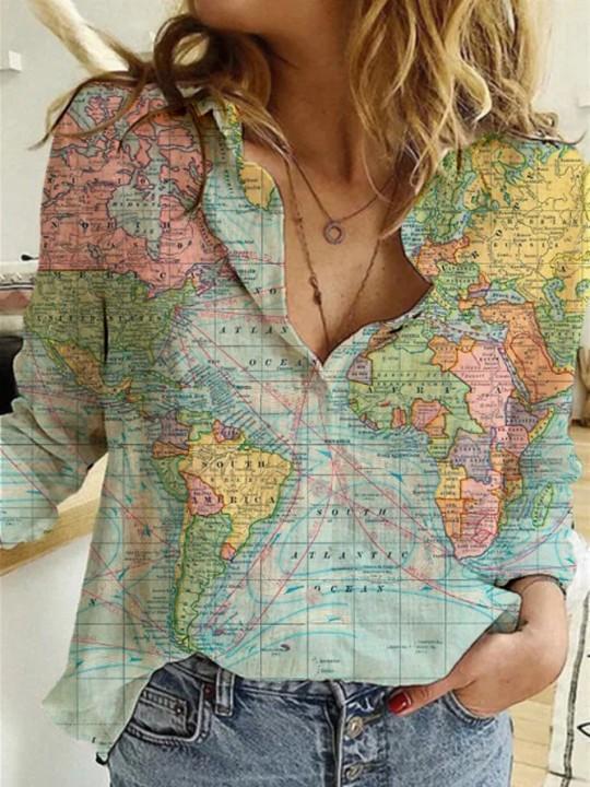 Map Print Blouse Button Up Casual Shirt - Blouses - INS | Online Fashion Free Shipping Clothing, Dresses, Tops, Shoes - 24/04/2021 - BLO210424243 - Blouses