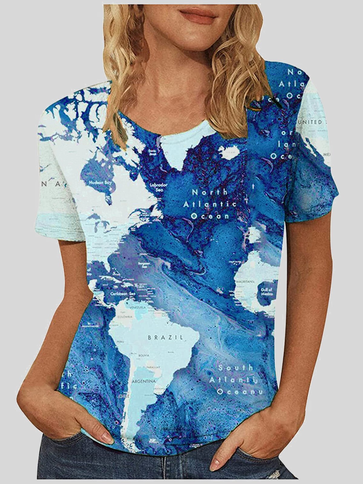 Map Print Round Neck Short Sleeve T-shirts - T-Shirts - INS | Online Fashion Free Shipping Clothing, Dresses, Tops, Shoes - 10-20 - 19/06/2021 - color-blue