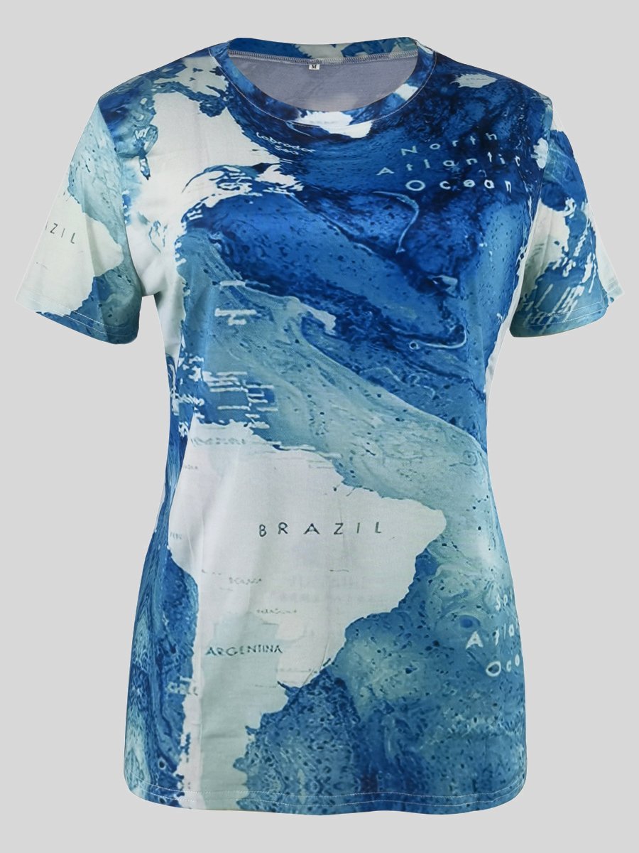 Map Print Round Neck Short Sleeve T-shirts - T-Shirts - INS | Online Fashion Free Shipping Clothing, Dresses, Tops, Shoes - 10-20 - 19/06/2021 - color-blue