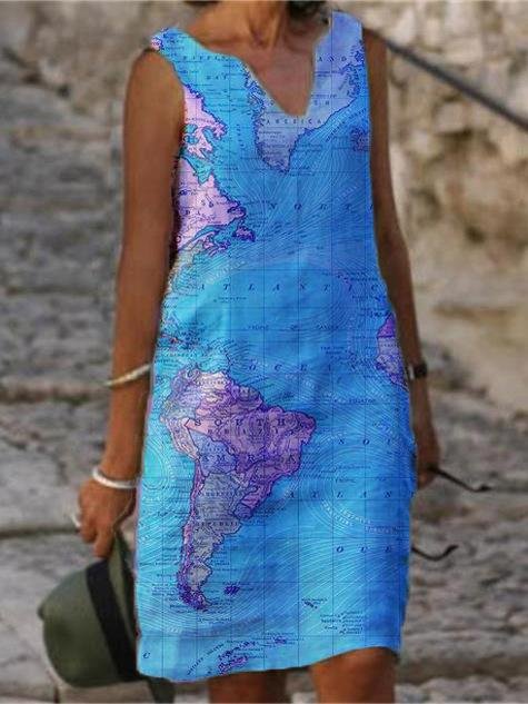 Map Print V-neck Sleeveless Casual Dress - Midi Dresses - INS | Online Fashion Free Shipping Clothing, Dresses, Tops, Shoes - 10/06/2021 - Category_Midi Dresses - Color_Blue
