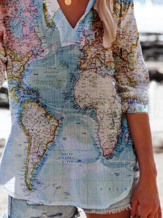 Map Printed V-Neck Casual Long Sleeve Blouses - Blouses - INS | Online Fashion Free Shipping Clothing, Dresses, Tops, Shoes - 20-30 - 21/06/2021 - blouses