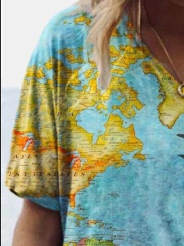 Map Printed V-neck Short-sleeved T-shirt - T-shirts - INS | Online Fashion Free Shipping Clothing, Dresses, Tops, Shoes - 07/06/2021 - Color_Blue - Color_Purple