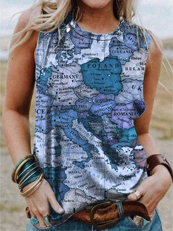 Map Printing Crew Neck Casual Tank Tops - Tanks - INS | Online Fashion Free Shipping Clothing, Dresses, Tops, Shoes - 03/06/2021 - Category_Tanks - Color_Blue