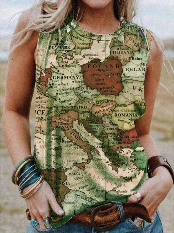 Map Printing Crew Neck Casual Tank Tops - Tanks - INS | Online Fashion Free Shipping Clothing, Dresses, Tops, Shoes - 03/06/2021 - Category_Tanks - Color_Blue