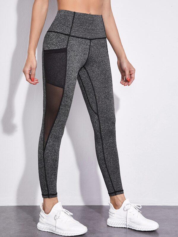Marled Mesh Panel Sports Leggings With Phone Pocket - INS | Online Fashion Free Shipping Clothing, Dresses, Tops, Shoes
