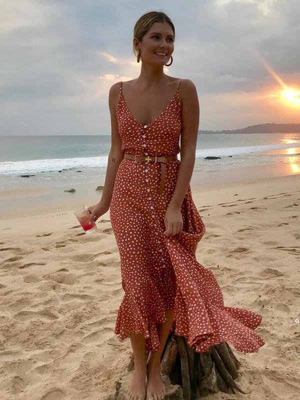 Maxi Ruffled Polka Dot Print Bohemian Beach Dress - Maxi Dresses - INS | Online Fashion Free Shipping Clothing, Dresses, Tops, Shoes - 21/04/2021 - Color_Orange - Color_White