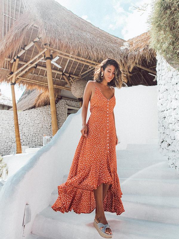 Maxi Ruffled Polka Dot Print Bohemian Beach Dress - Maxi Dresses - INS | Online Fashion Free Shipping Clothing, Dresses, Tops, Shoes - 21/04/2021 - Color_Orange - Color_White