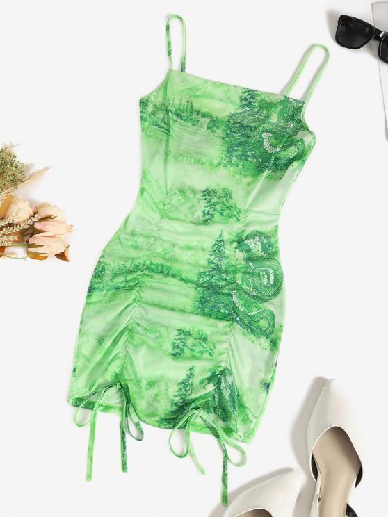 Mesh Dragon Print Sheer Ruched Cami Dress - INS | Online Fashion Free Shipping Clothing, Dresses, Tops, Shoes