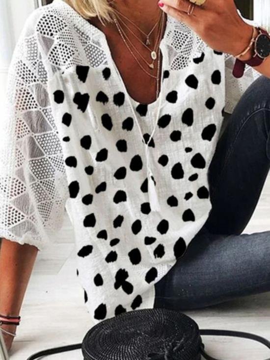 Mid-sleeve Polka Dot Casual V-neck Shirt - Blouses - INS | Online Fashion Free Shipping Clothing, Dresses, Tops, Shoes - 18/06/2021 - 20-30 - BLO2106180122