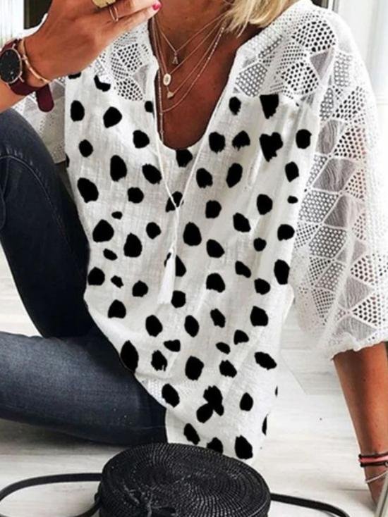 Mid-sleeve Polka Dot Casual V-neck Shirt - Blouses - INS | Online Fashion Free Shipping Clothing, Dresses, Tops, Shoes - 18/06/2021 - 20-30 - BLO2106180122