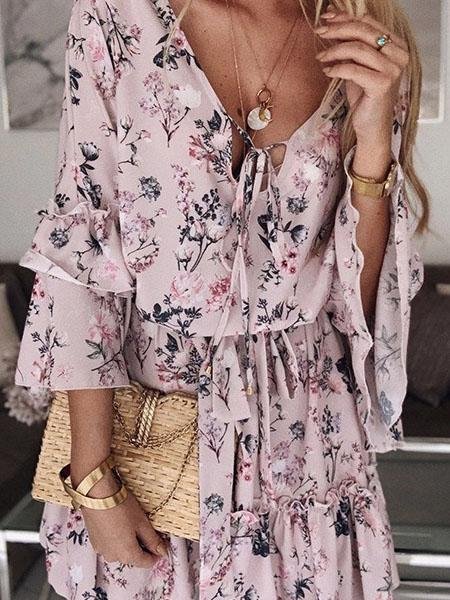 Mid-sleeve Printed Lace-up Ruffle Skirt - Mini Dresses - INS | Online Fashion Free Shipping Clothing, Dresses, Tops, Shoes - 05/06/2021 - Color_Blue - Color_Orange