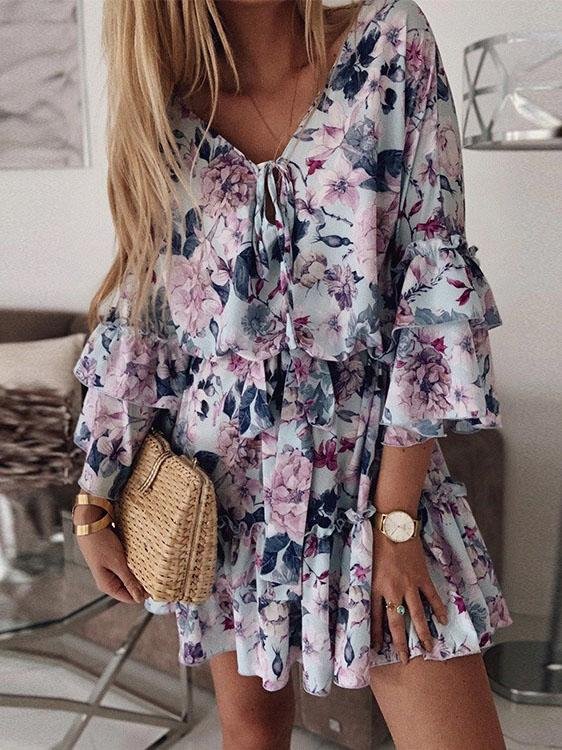 Mid-sleeve Printed Lace-up Ruffle Skirt - Mini Dresses - INS | Online Fashion Free Shipping Clothing, Dresses, Tops, Shoes - 05/06/2021 - Color_Blue - Color_Orange