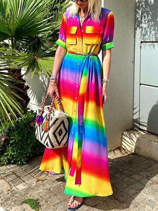 Mid-sleeve Rainbow Casual Long Skirt - Maxi Dresses - INS | Online Fashion Free Shipping Clothing, Dresses, Tops, Shoes - 14/05/2021 - 140521 - Color_Rainbow