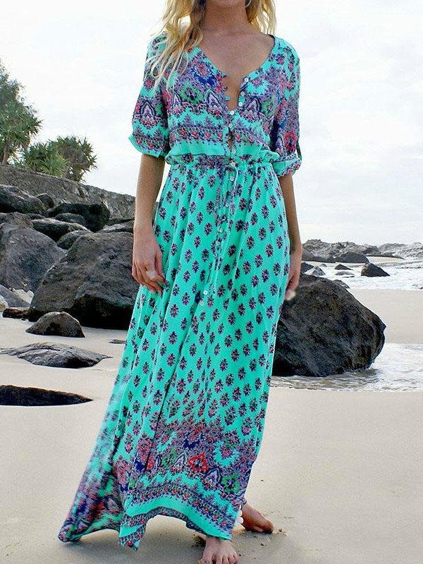 Mid-sleeve V-neck Bohemian Long Dress - Maxi Dresses - INS | Online Fashion Free Shipping Clothing, Dresses, Tops, Shoes - 07/08/2021 - 20-30 - color-green