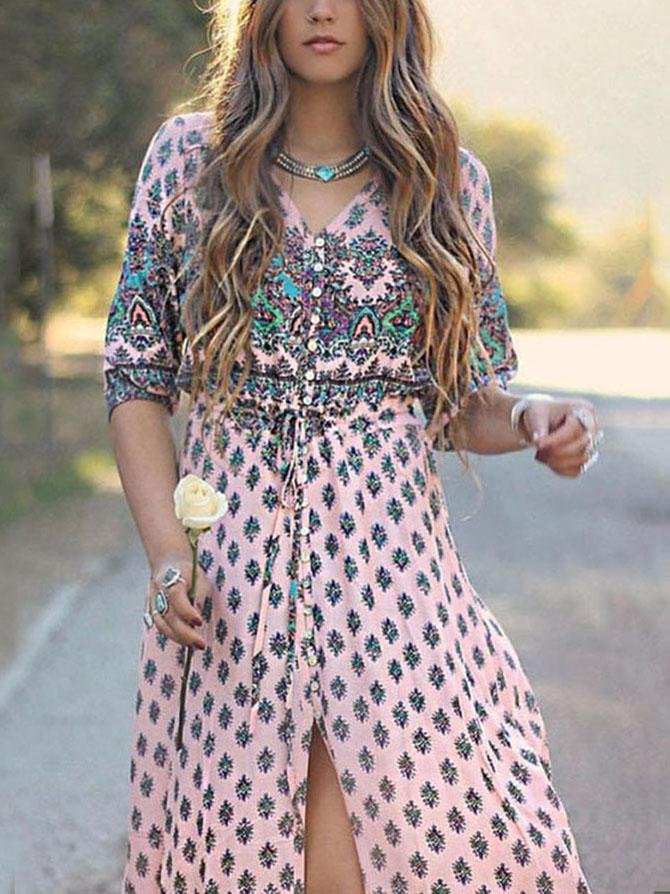 Mid-sleeve V-neck Bohemian Long Dress - Maxi Dresses - INS | Online Fashion Free Shipping Clothing, Dresses, Tops, Shoes - 07/08/2021 - 20-30 - color-green