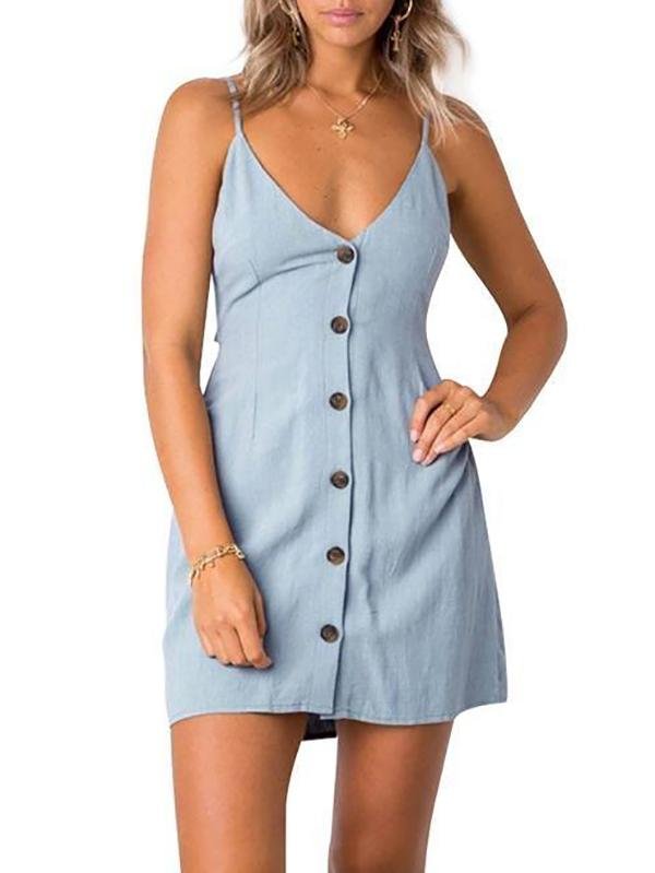 Mini Solid Color Buttoned Smocked Sundress - Dresses - INS | Online Fashion Free Shipping Clothing, Dresses, Tops, Shoes - 18/03/2021 - Casual - Color_Blue