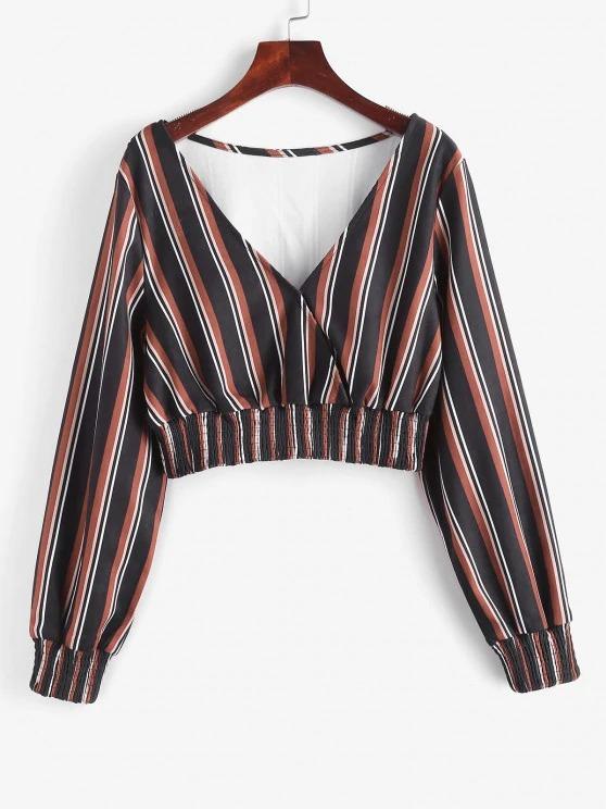 Mixed Stripes Smocked Panel Cropped Blouse - INS | Online Fashion Free Shipping Clothing, Dresses, Tops, Shoes