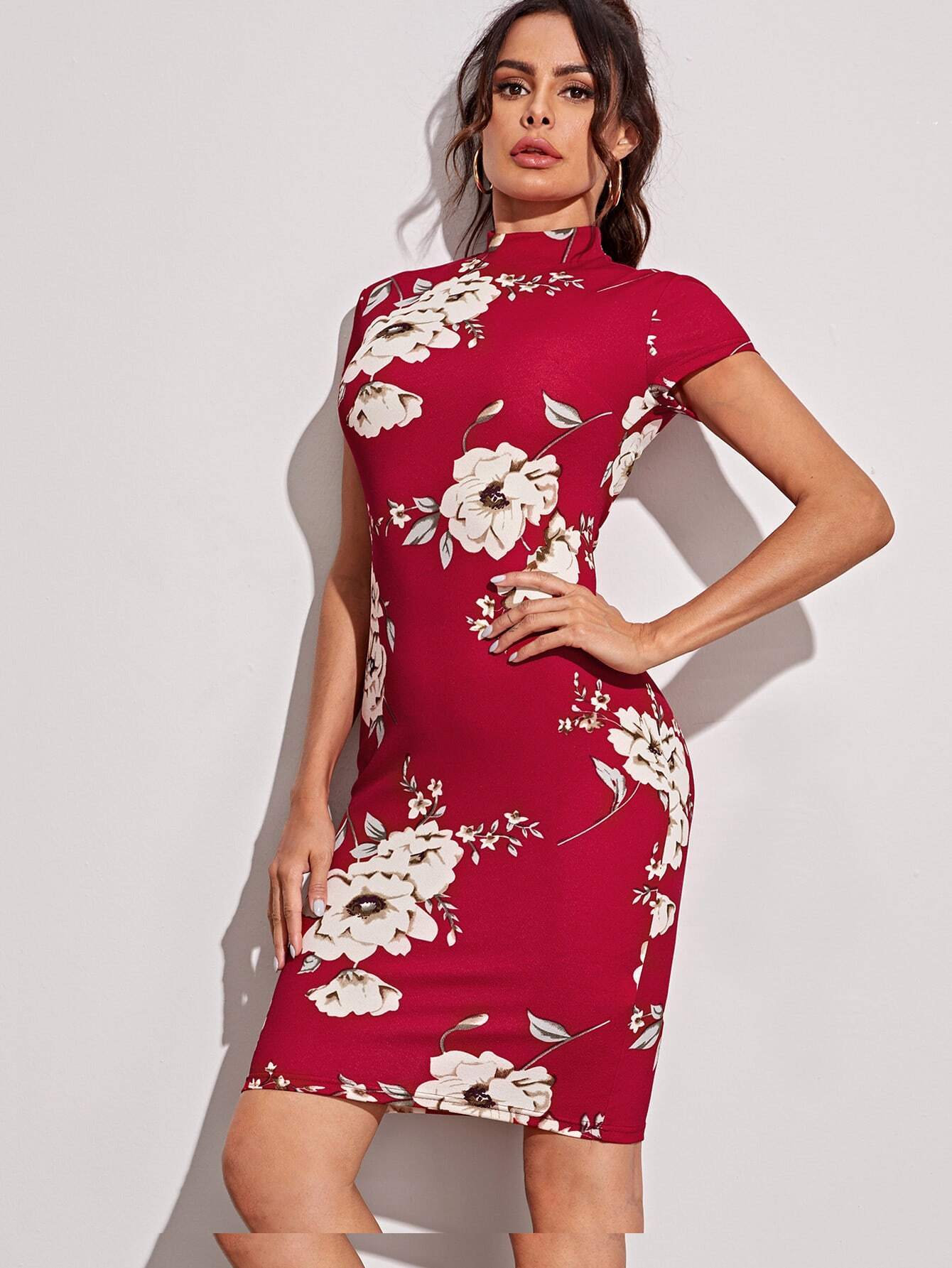 Mock-neck Floral Print Midi Pencil Dress - INS | Online Fashion Free Shipping Clothing, Dresses, Tops, Shoes
