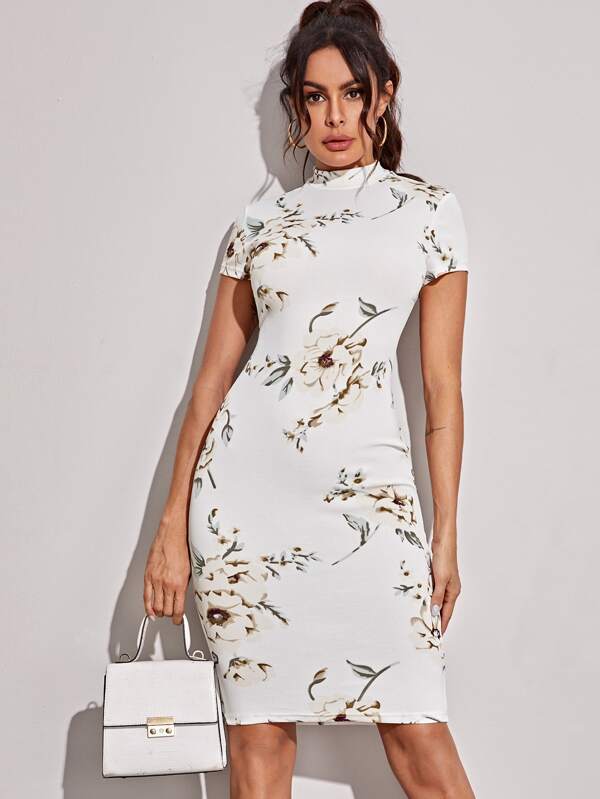 Mock-neck Floral Print Midi Pencil Dress - INS | Online Fashion Free Shipping Clothing, Dresses, Tops, Shoes