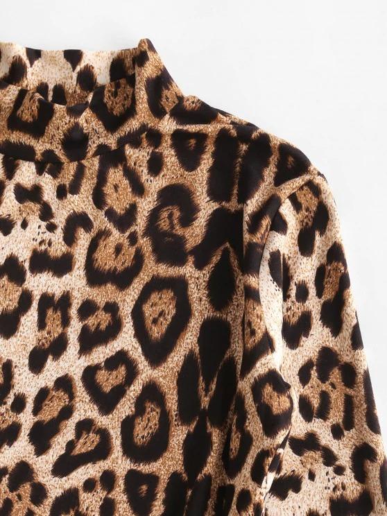 Mock Neck Leopard Snap Crotch Long Sleeve Bodysuit - INS | Online Fashion Free Shipping Clothing, Dresses, Tops, Shoes