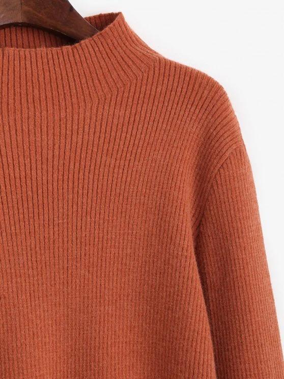 Mock Neck Ribbed Curved Hem Sweater - INS | Online Fashion Free Shipping Clothing, Dresses, Tops, Shoes