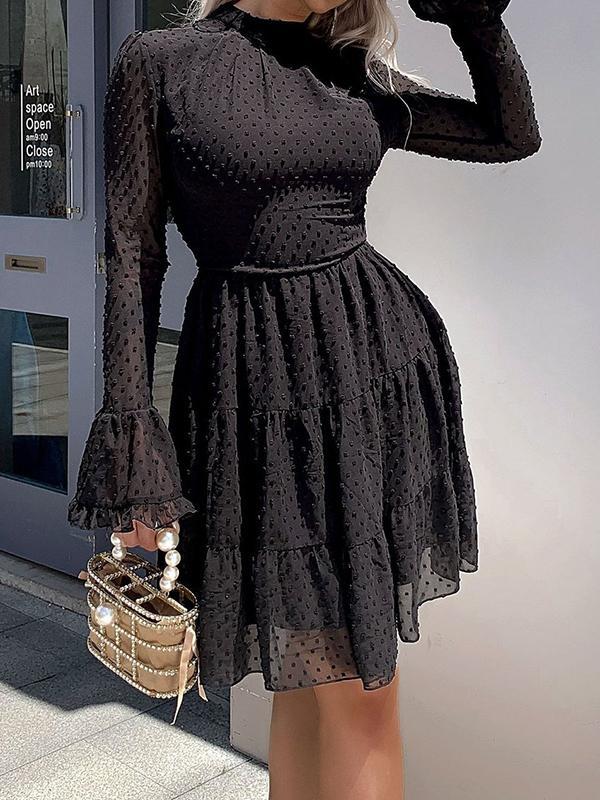 Mock Neck Ruffle Hem Swiss Dot Chiffon Dress - Dresses - INS | Online Fashion Free Shipping Clothing, Dresses, Tops, Shoes - 01/28/2021 - Black - Blue