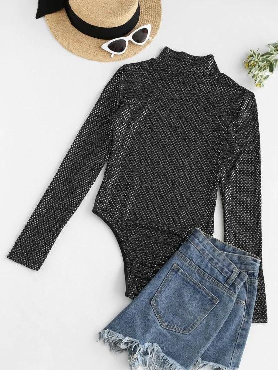 Mock Neck Sequined Snap Crotch Bodysuit - INS | Online Fashion Free Shipping Clothing, Dresses, Tops, Shoes