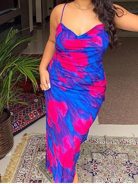 Multicolor Printed Pile Neck Suspender Dress - Maxi Dresses - INS | Online Fashion Free Shipping Clothing, Dresses, Tops, Shoes - 18/06/2021 - 20-30 - Category_Maxi Dresses