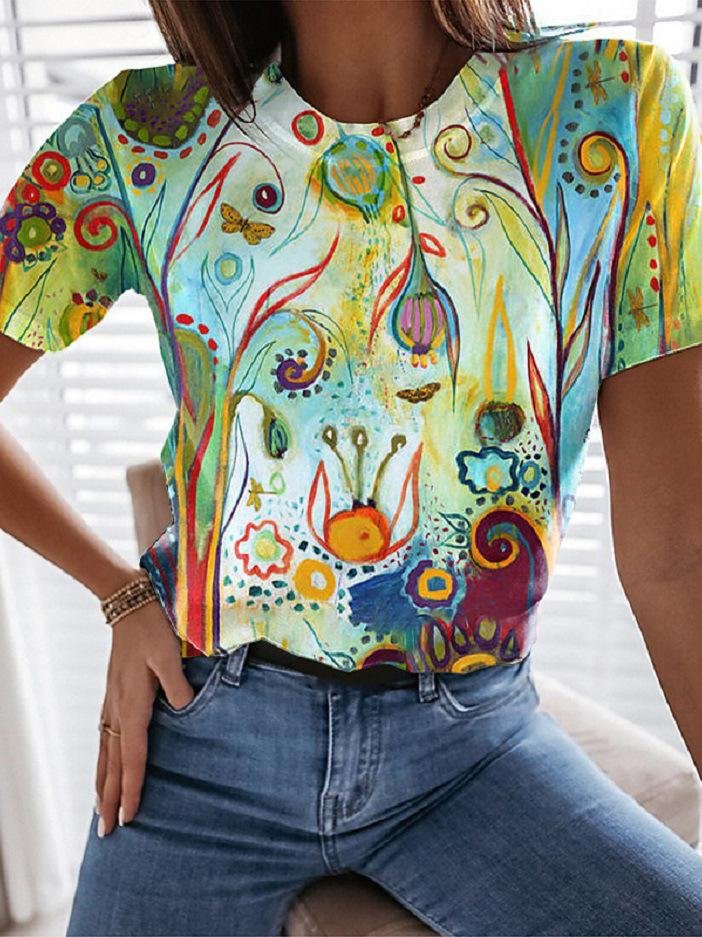 Multicolor Printed Round Neck Short Sleeve T-Shirt - T-Shirts - INS | Online Fashion Free Shipping Clothing, Dresses, Tops, Shoes - 10-20 - 25/06/2021 - Category_T-Shirts