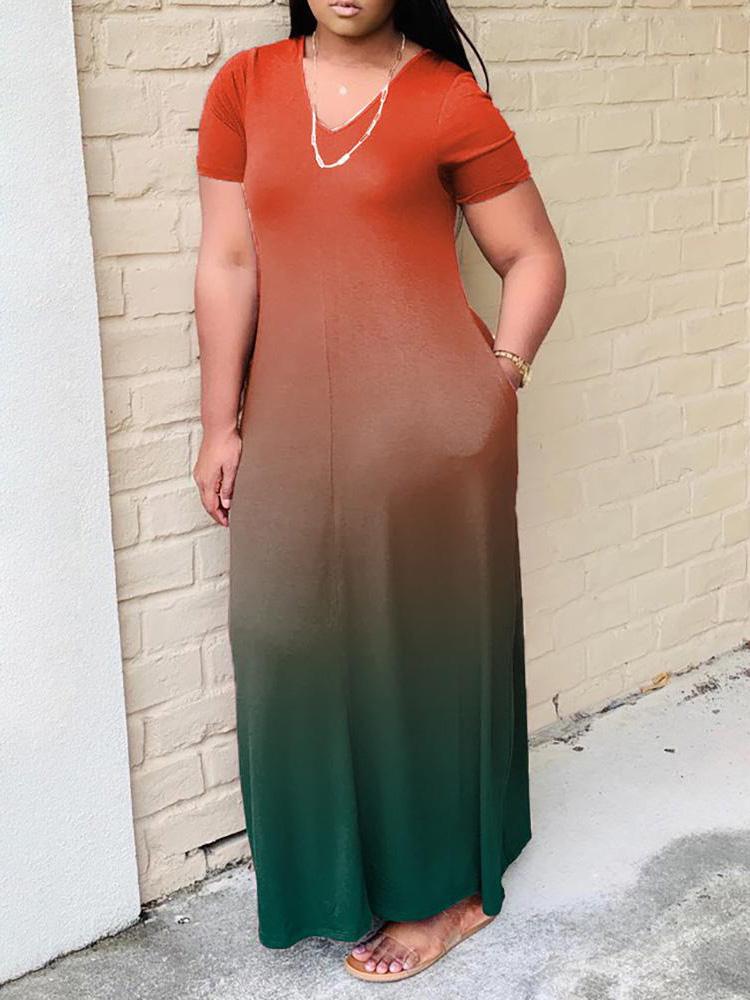 Ombre Colorblock Short Sleeve Pocket Design Maxi Dress - Maxi Dresses - INS | Online Fashion Free Shipping Clothing, Dresses, Tops, Shoes - 29/04/2021 - Casual Dresses - Color_Wine Red