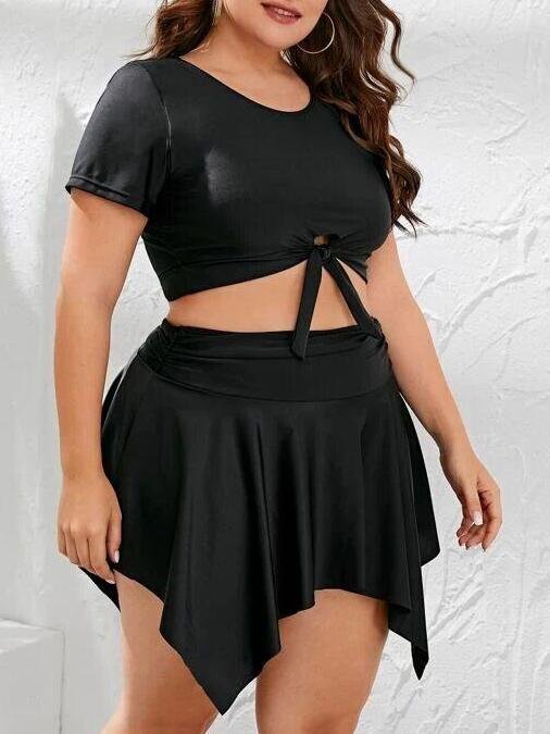Oversized Two-piece Ruffle Skirt Swimsuit With Knotted Front - Plus Swimsuits - INS | Online Fashion Free Shipping Clothing, Dresses, Tops, Shoes - 22/04/2021 - 2204V3 - Color_Black