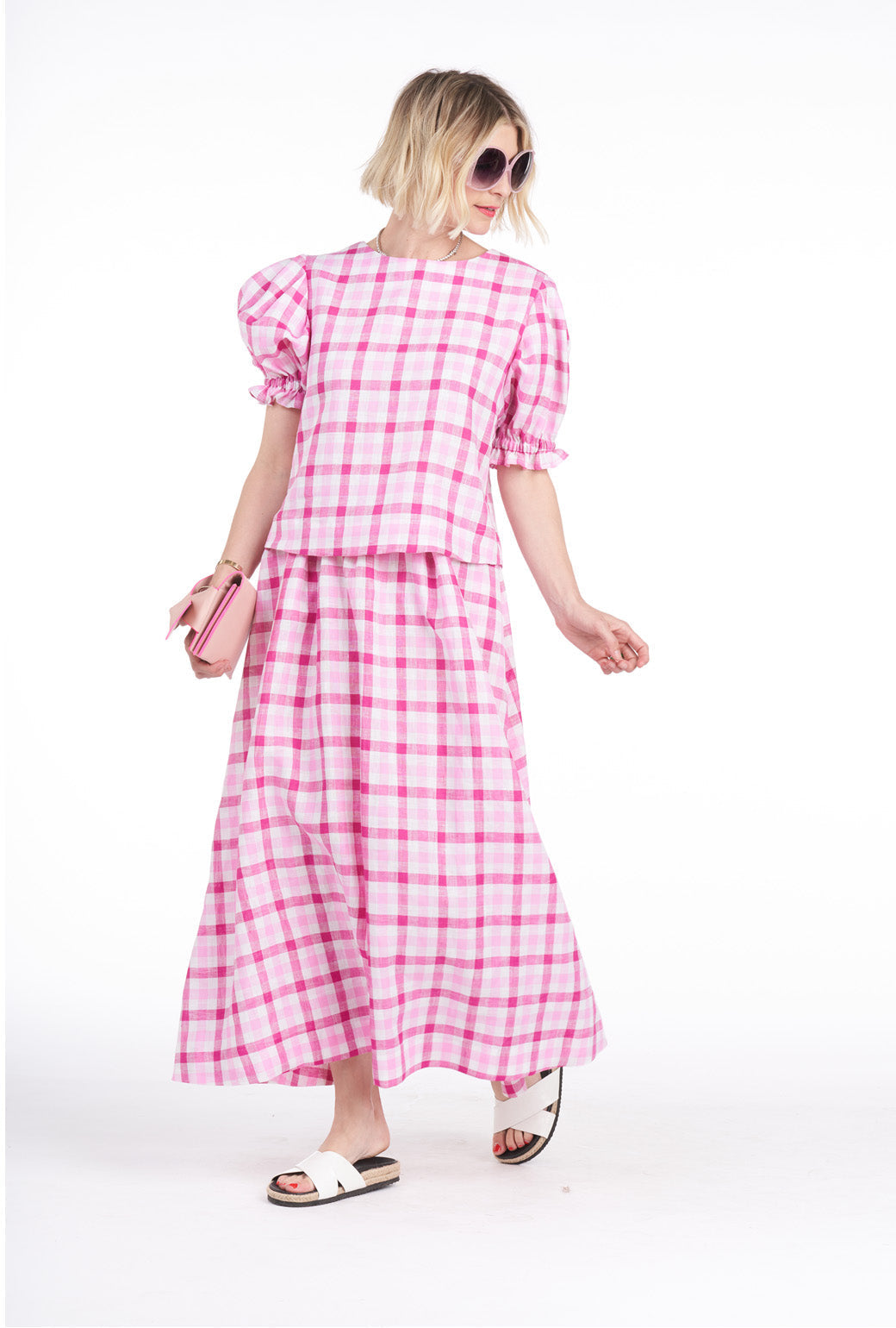 Puff Sleeve Top - Pink Gingham Linen